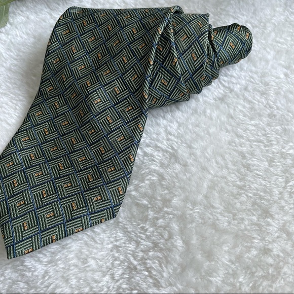 Nautica Green Blue and Gold Geometric Pattern Textured Silk Tie - Picture 5 of 10